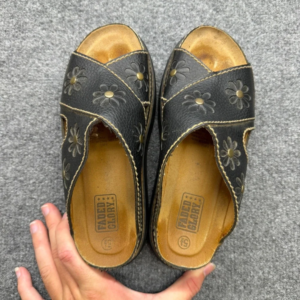 Faded Glory Womens Black Platform Daisy Floral Slide Sandals Vintage 90s Y2K 5.5